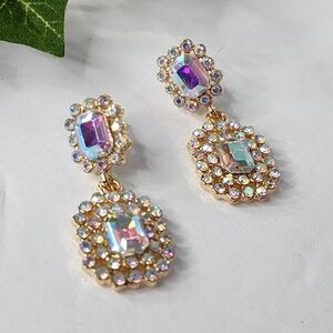 Gold and Iridescent AB Crystal Stones Glam Earrings